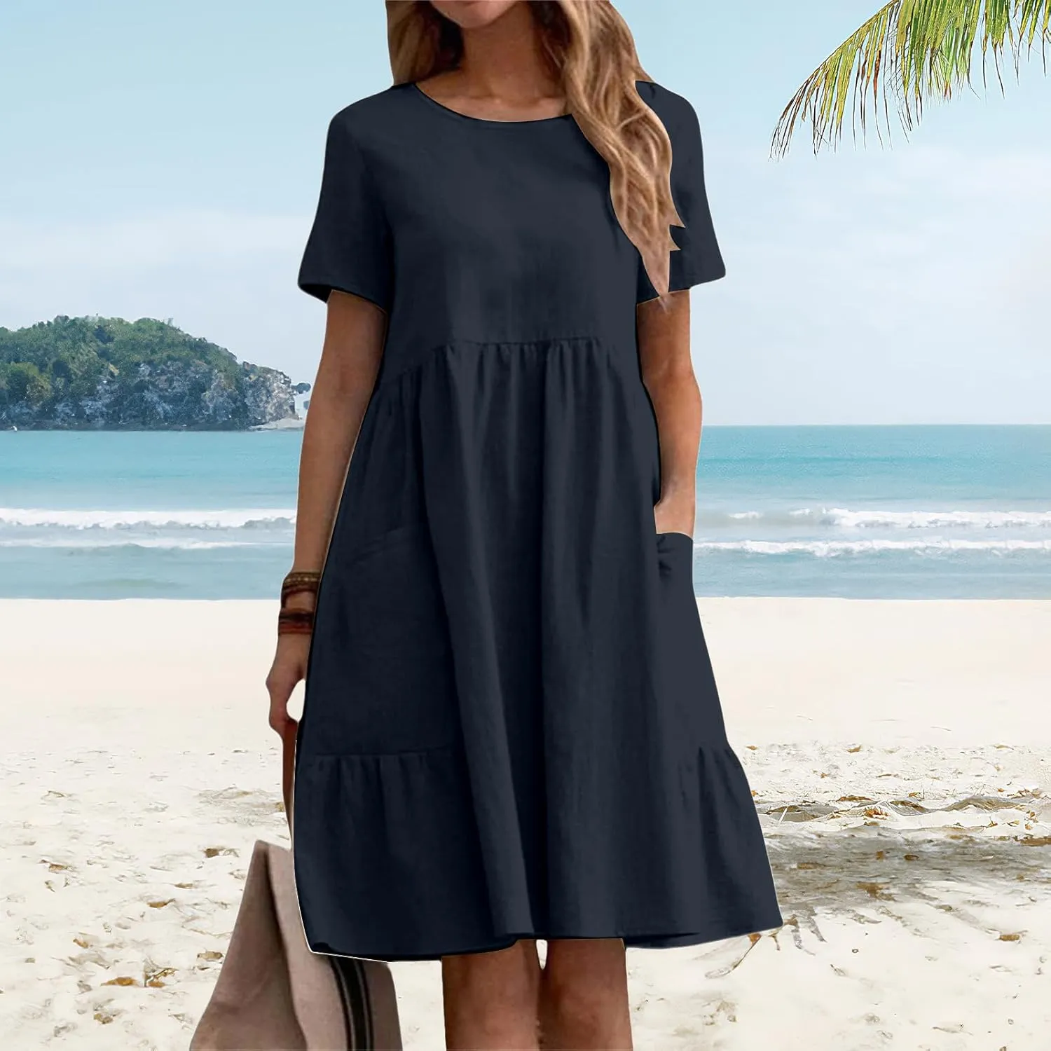 Womens Linen Dress Summer Crewneck Short Sleeve Dress Casual Loose Fit T Shirt Dresses Midi Dresses with Pocket 2025
