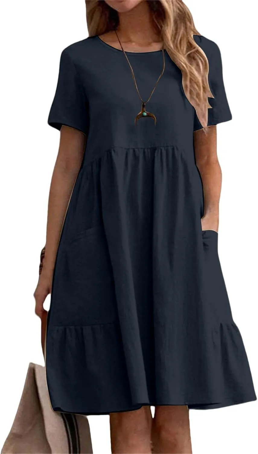 Womens Linen Dress Summer Crewneck Short Sleeve Dress Casual Loose Fit T Shirt Dresses Midi Dresses with Pocket 2025