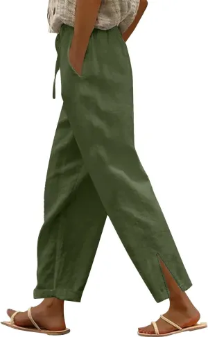 Womens Linen Pants 2025 Summer Elastic High Waist Split Hem Work Pants Casual Loose Drawstring Beach Trousers