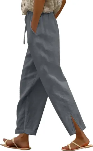 Womens Linen Pants 2025 Summer Elastic High Waist Split Hem Work Pants Casual Loose Drawstring Beach Trousers