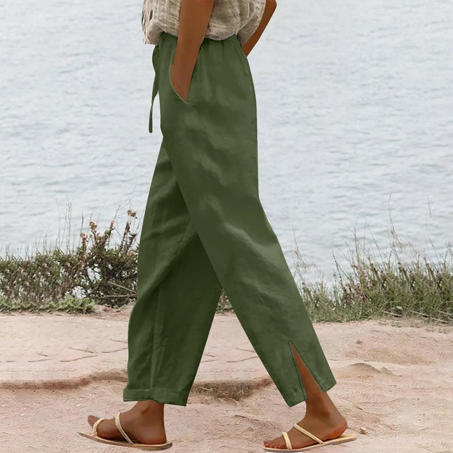 Womens Linen Pants 2025 Summer Elastic High Waist Split Hem Work Pants Casual Loose Drawstring Beach Trousers