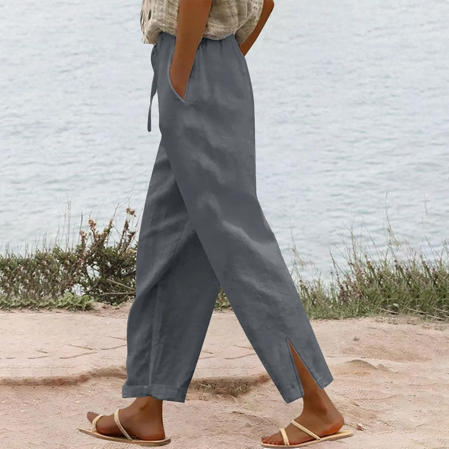 Womens Linen Pants 2025 Summer Elastic High Waist Split Hem Work Pants Casual Loose Drawstring Beach Trousers
