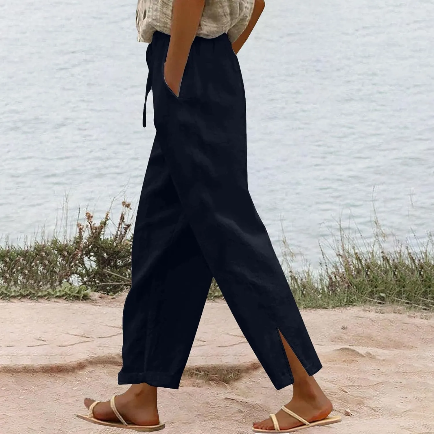 Womens Linen Pants 2025 Summer Elastic High Waist Split Hem Work Pants Casual Loose Drawstring Beach Trousers