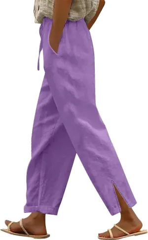 Womens Linen Pants 2025 Summer Elastic High Waist Split Hem Work Pants Casual Loose Drawstring Beach Trousers