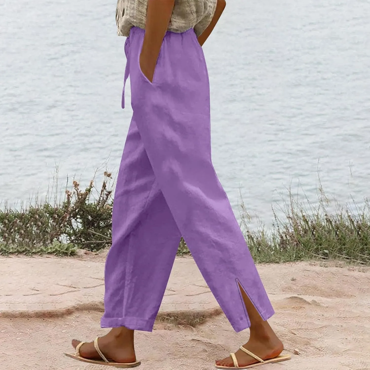 Womens Linen Pants 2025 Summer Elastic High Waist Split Hem Work Pants Casual Loose Drawstring Beach Trousers