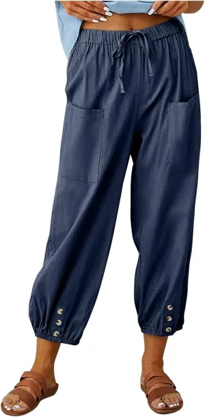 Women's Linen Summer Print Palazzo Pants Low Waist Long Lounge Slim-Fit Pant Trousers Office