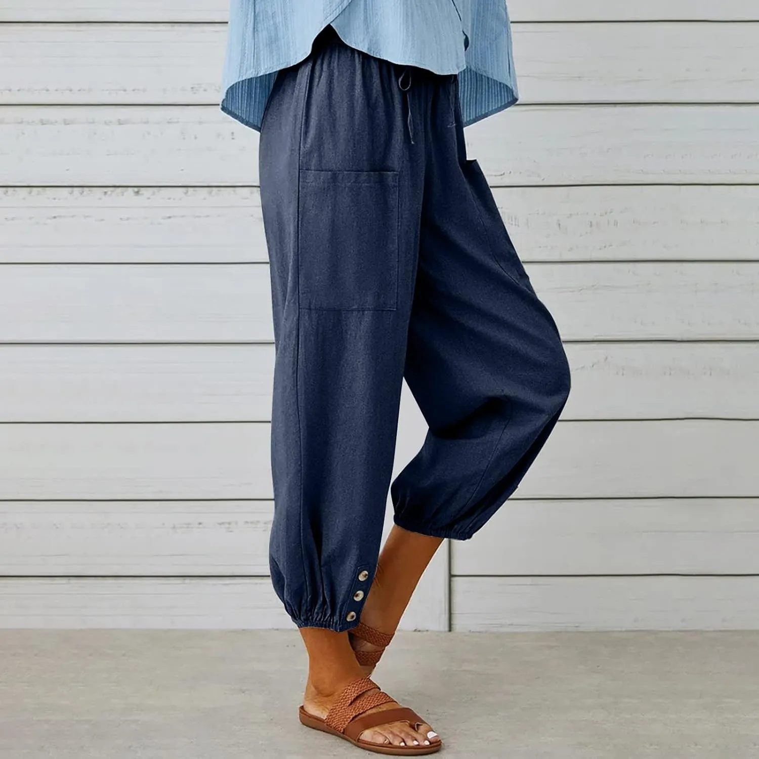 Women's Linen Summer Print Palazzo Pants Low Waist Long Lounge Slim-Fit Pant Trousers Office