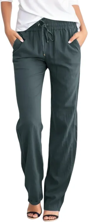 Women's Linen Summer Print Palazzo Pants Low Waist Long Lounge Slim-Fit Pant Trousers Office