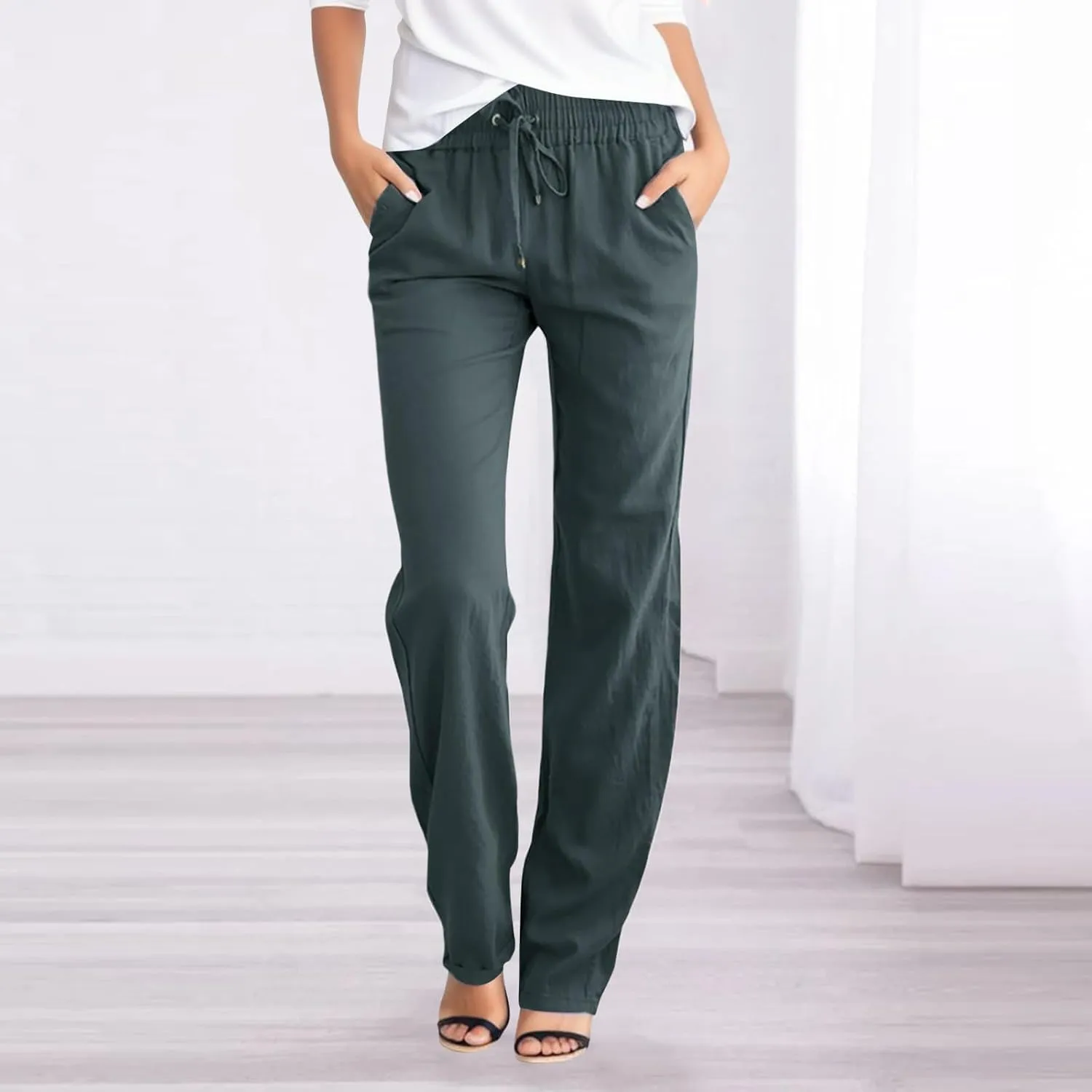 Women's Linen Summer Print Palazzo Pants Low Waist Long Lounge Slim-Fit Pant Trousers Office