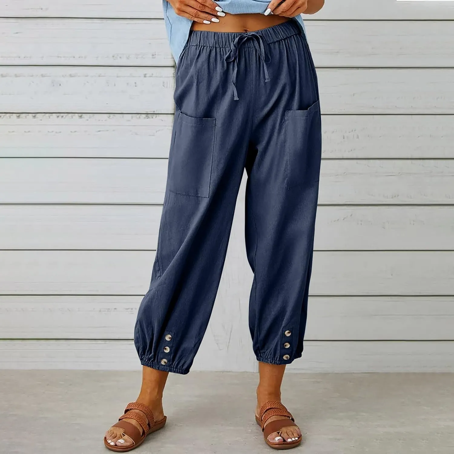 Women's Linen Summer Print Palazzo Pants Low Waist Long Lounge Slim-Fit Pant Trousers Office