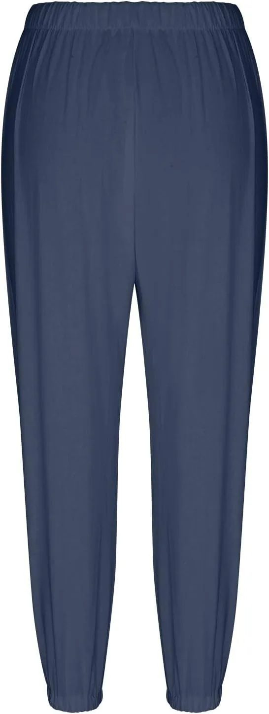 Women's Linen Summer Print Palazzo Pants Low Waist Long Lounge Slim-Fit Pant Trousers Office