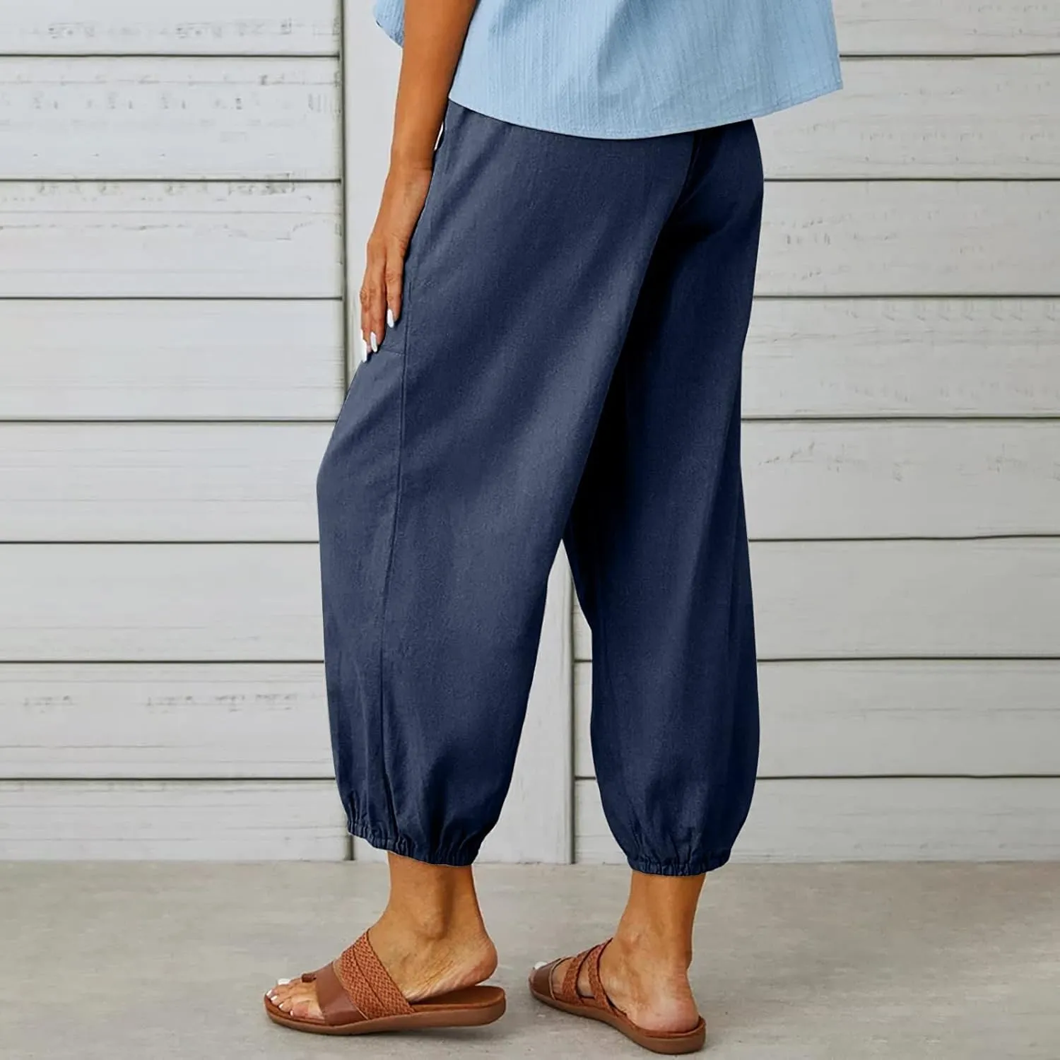 Women's Linen Summer Print Palazzo Pants Low Waist Long Lounge Slim-Fit Pant Trousers Office