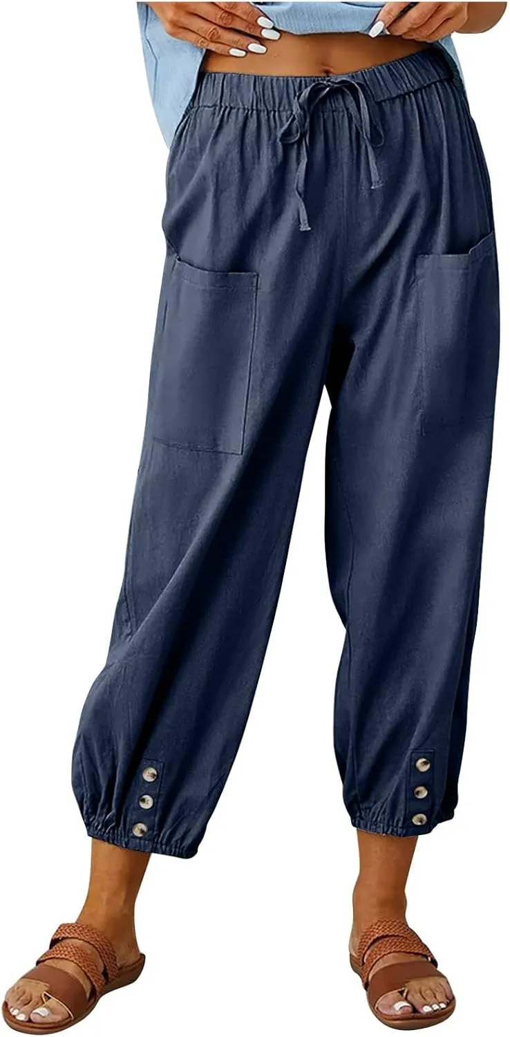 Women's Linen Summer Print Palazzo Pants Low Waist Long Lounge Slim-Fit Pant Trousers Office