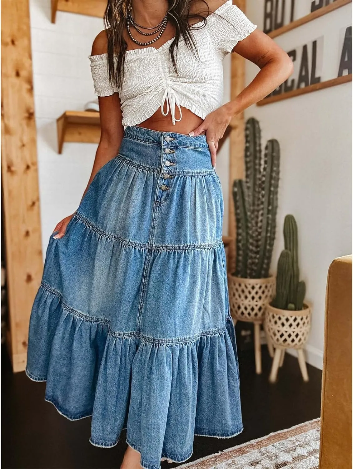Womens Long Denim Skirt Ruffled Hem High Waisted A-Line Tiered Cowgirl Jeans Skirts