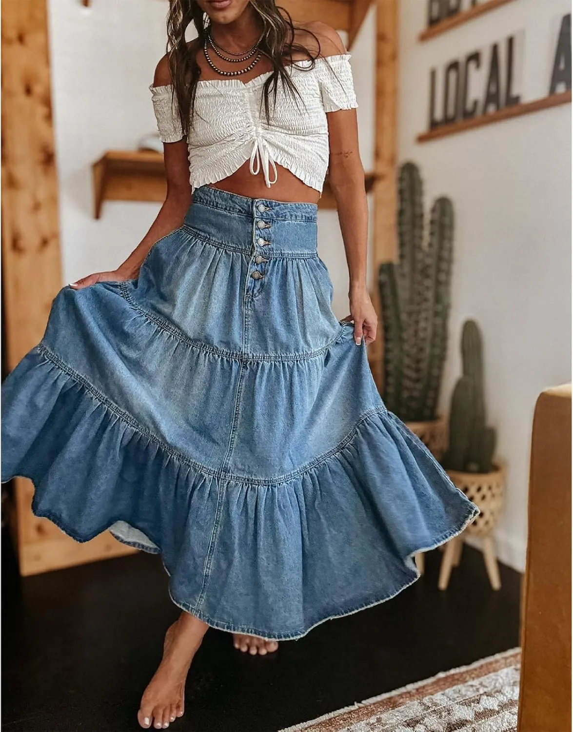Womens Long Denim Skirt Ruffled Hem High Waisted A-Line Tiered Cowgirl Jeans Skirts