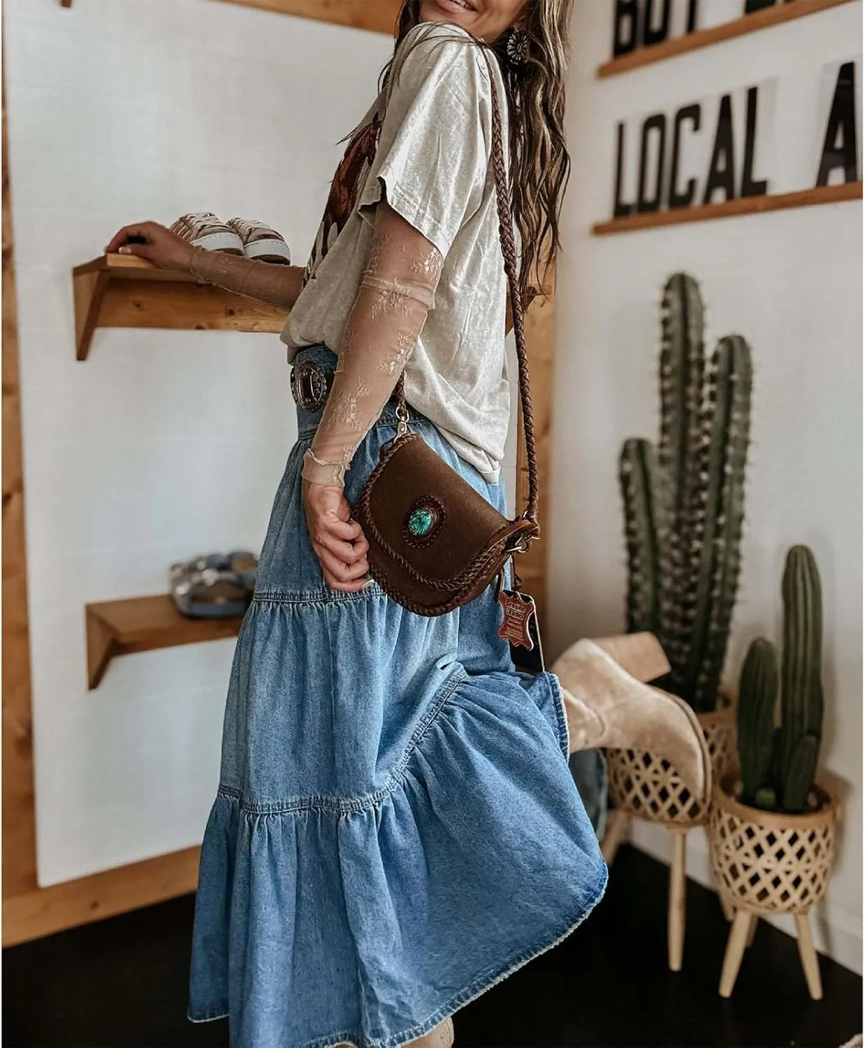 Womens Long Denim Skirt Ruffled Hem High Waisted A-Line Tiered Cowgirl Jeans Skirts