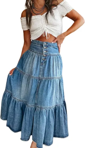 Womens Long Denim Skirt Ruffled Hem High Waisted A-Line Tiered Cowgirl Jeans Skirts