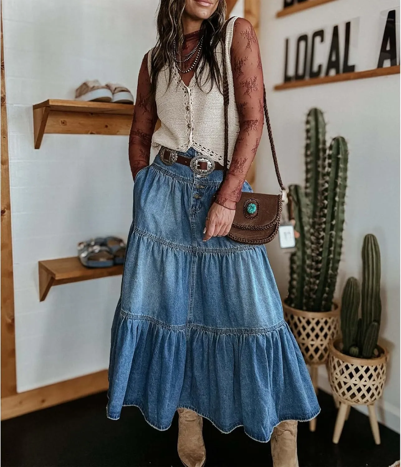 Womens Long Denim Skirt Ruffled Hem High Waisted A-Line Tiered Cowgirl Jeans Skirts