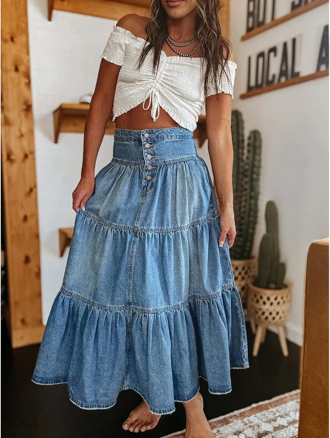 Womens Long Denim Skirt Ruffled Hem High Waisted A-Line Tiered Cowgirl Jeans Skirts