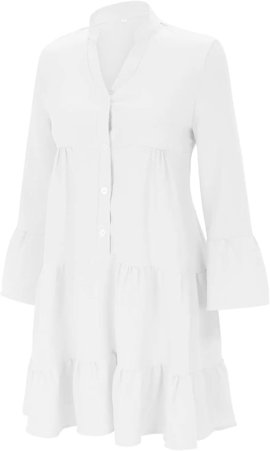Women's Long Sleeve Botton Ruffle Dresses Casual Loose Swing Mini Dress Young Fabulous and Broke Maxi