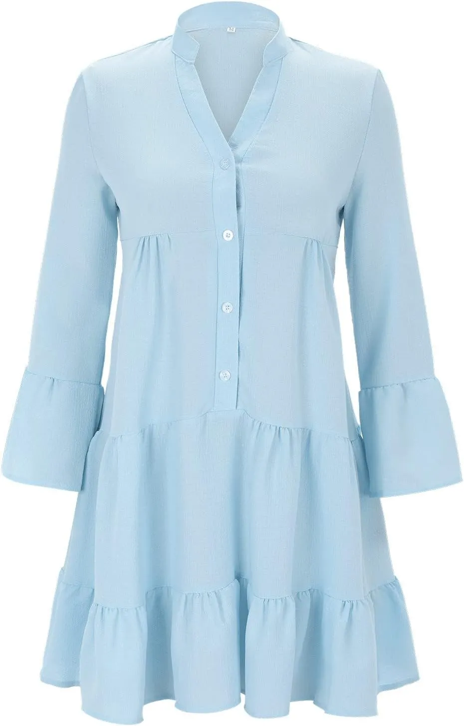 Women's Long Sleeve Botton Ruffle Dresses Casual Loose Swing Mini Dress Young Fabulous and Broke Maxi