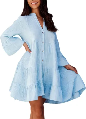 Women's Long Sleeve Botton Ruffle Dresses Casual Loose Swing Mini Dress Young Fabulous and Broke Maxi