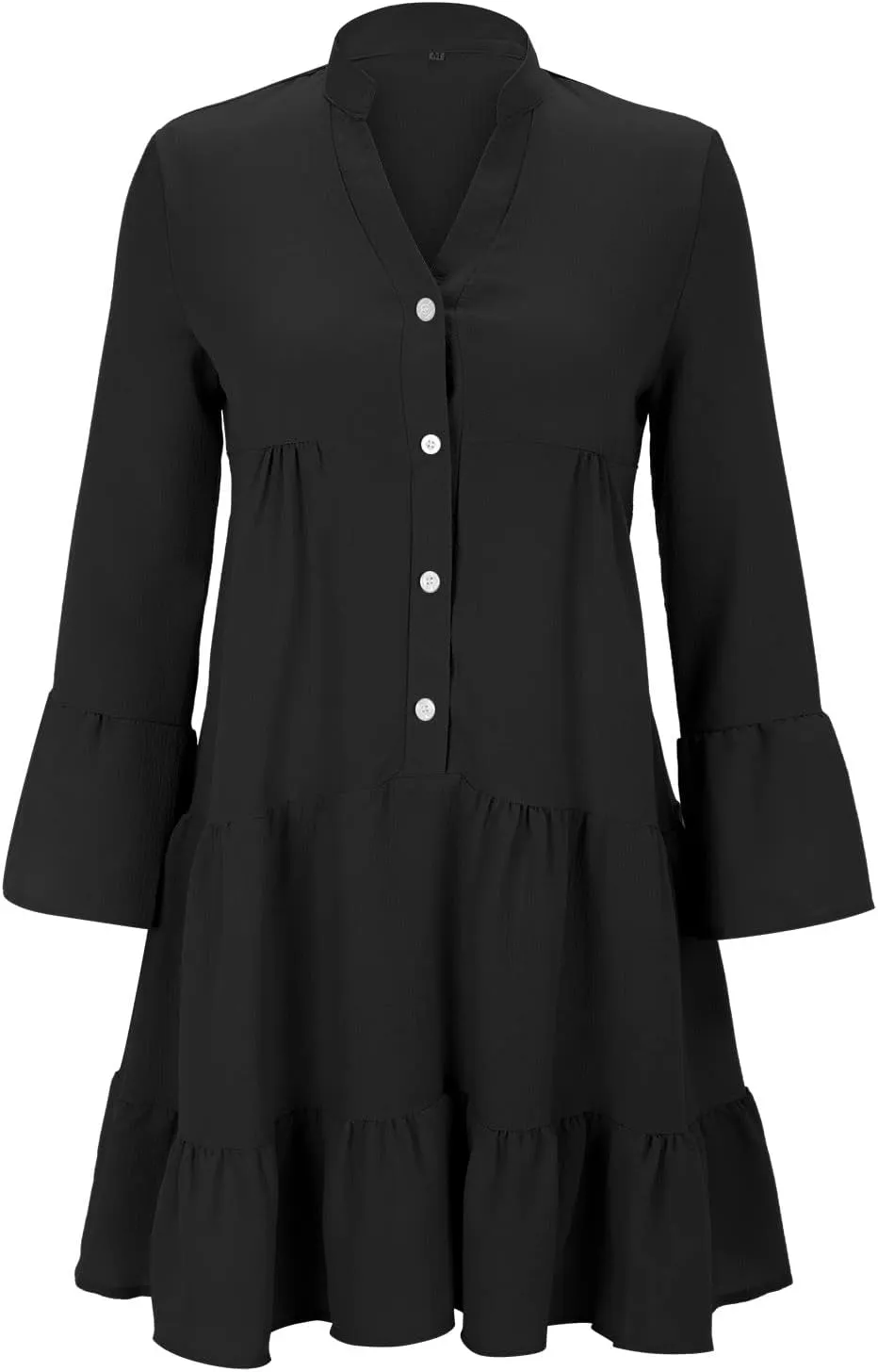 Women's Long Sleeve Botton Ruffle Dresses Casual Loose Swing Mini Dress Young Fabulous and Broke Maxi