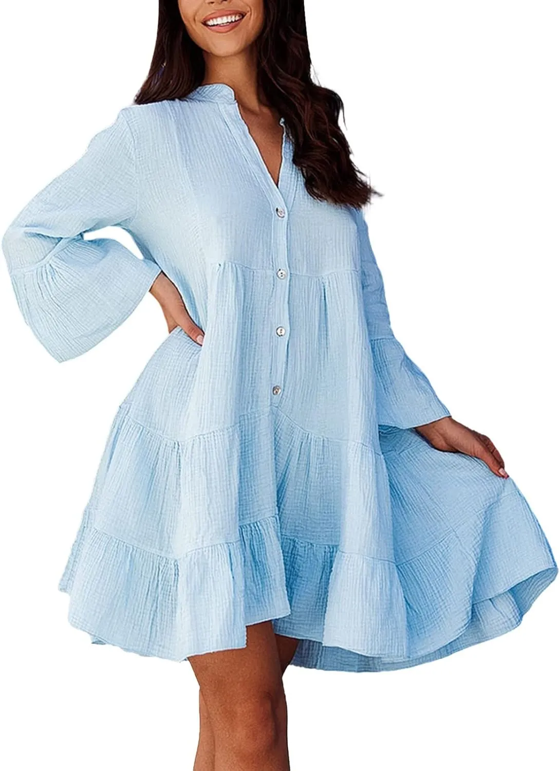 Women's Long Sleeve Botton Ruffle Dresses Casual Loose Swing Mini Dress Young Fabulous and Broke Maxi