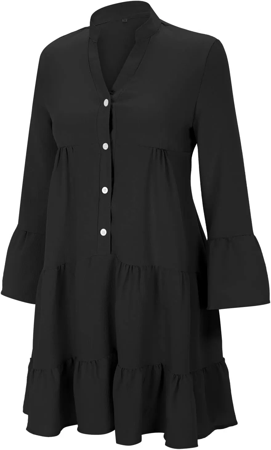 Women's Long Sleeve Botton Ruffle Dresses Casual Loose Swing Mini Dress Young Fabulous and Broke Maxi