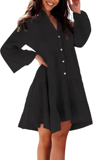Women's Long Sleeve Botton Ruffle Dresses Casual Loose Swing Mini Dress Young Fabulous and Broke Maxi
