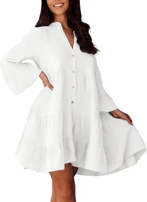 Women's Long Sleeve Botton Ruffle Dresses Casual Loose Swing Mini Dress Young Fabulous and Broke Maxi