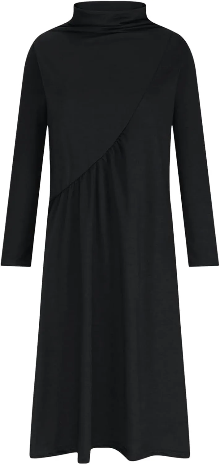 Womens Long Sleeve Turtleneck Casual Dresses Fall Winter Loose Pleated Solid Color Swing Midi Dress with Pockets