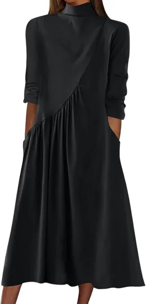 Womens Long Sleeve Turtleneck Casual Dresses Fall Winter Loose Pleated Solid Color Swing Midi Dress with Pockets