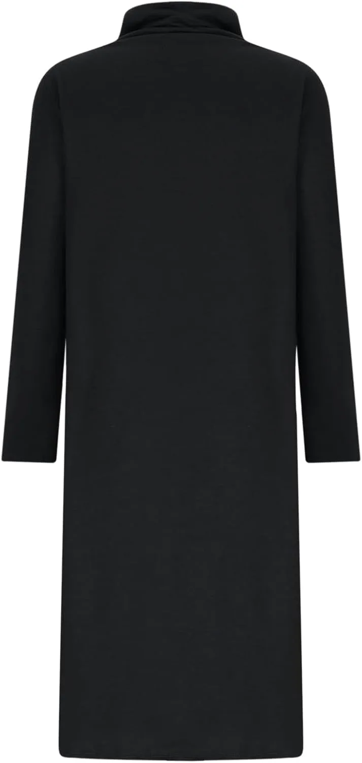 Womens Long Sleeve Turtleneck Casual Dresses Fall Winter Loose Pleated Solid Color Swing Midi Dress with Pockets