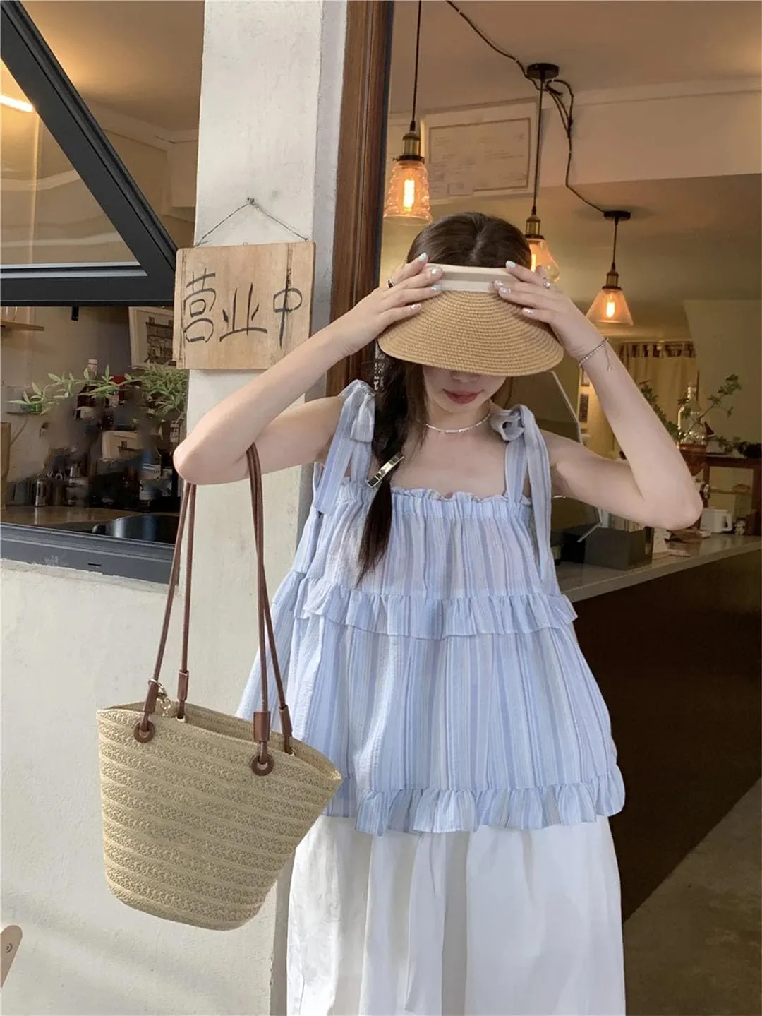 Women's Off-Sholuder Sleeveless Straps Lace-Up Loose Striped Camisole Seaside Resort Style Suspender Tops