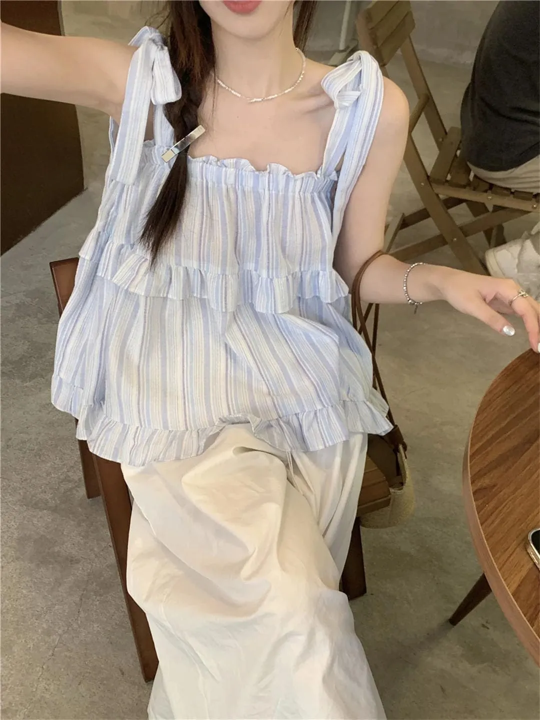 Women's Off-Sholuder Sleeveless Straps Lace-Up Loose Striped Camisole Seaside Resort Style Suspender Tops