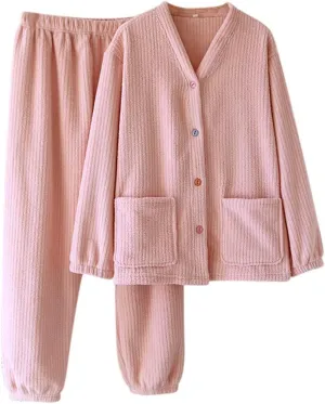 Womens Pajama 2 Piece Shaggy Long Sleeve Button Top Matching Elastic Waist Pajamas Pant Set Loungewear with Pockets