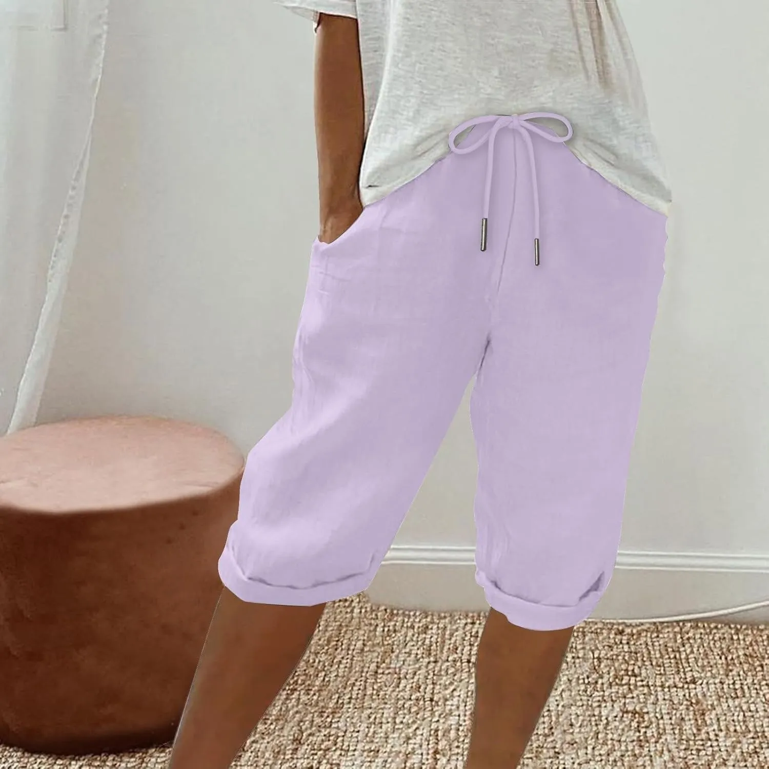 Womens Palazzo Pants Loose Pants Comfy Work Pants with Elastic High Waist Paper Bag Drawstring Pant Summer Wide Leg