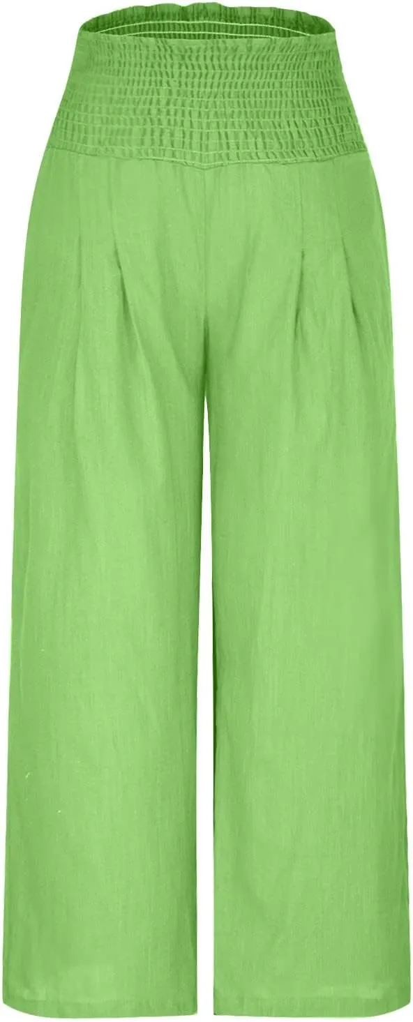 Womens Pants Elastic Waist Casual Summer High Waisted Linen Wide Leg Pant Loose Long Lounge Trousers with Pockets