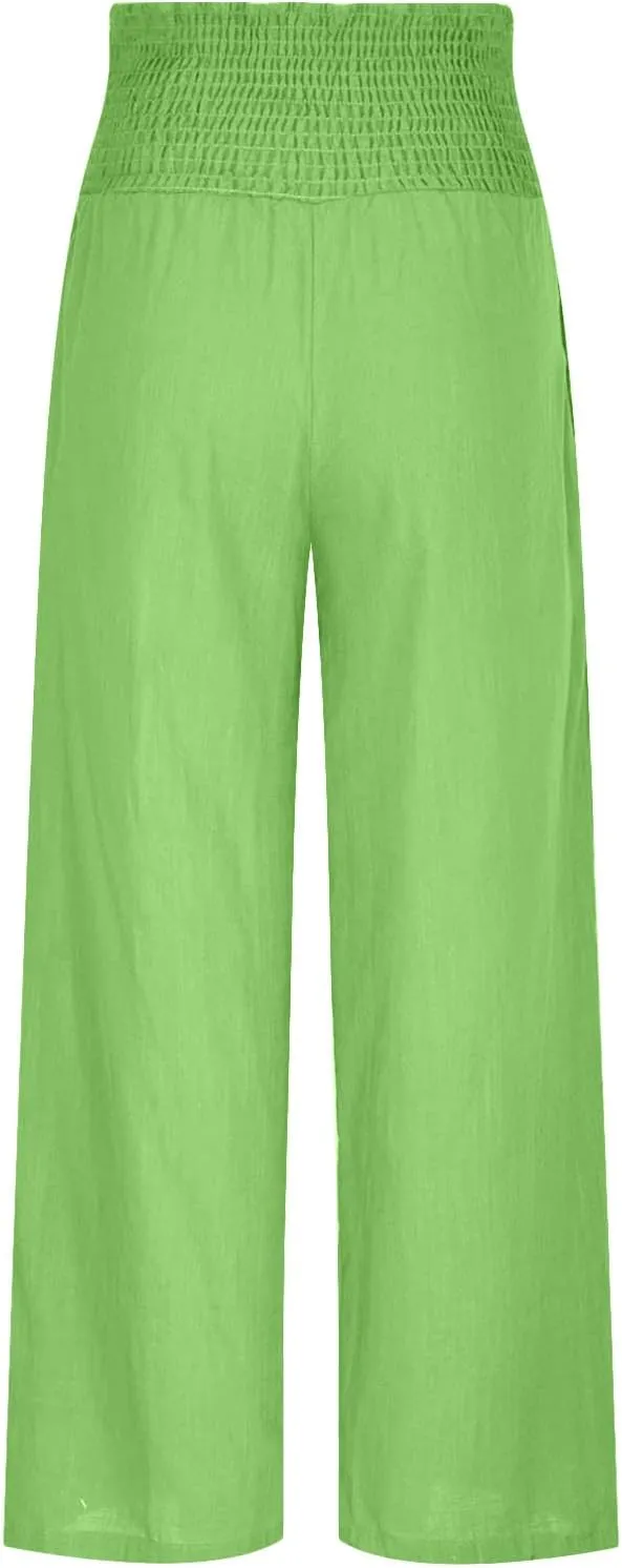 Womens Pants Elastic Waist Casual Summer High Waisted Linen Wide Leg Pant Loose Long Lounge Trousers with Pockets