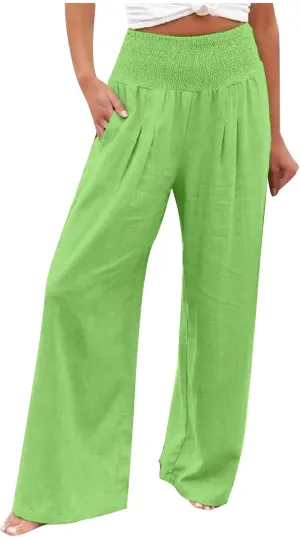 Womens Pants Elastic Waist Casual Summer High Waisted Linen Wide Leg Pant Loose Long Lounge Trousers with Pockets