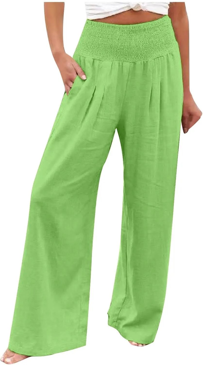 Womens Pants Elastic Waist Casual Summer High Waisted Linen Wide Leg Pant Loose Long Lounge Trousers with Pockets