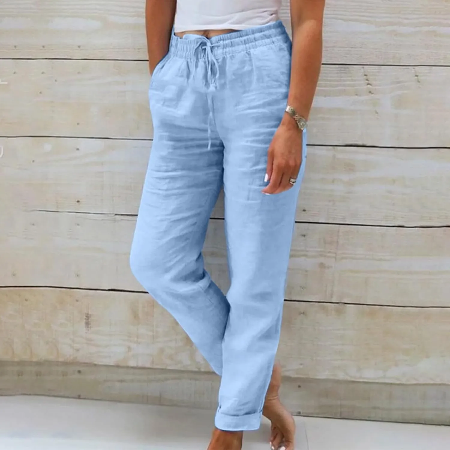 Womens Plus Size Linen Pants Summer Casual Boho Drawstring High Waisted Pants Loose Fit Lounge Trousers