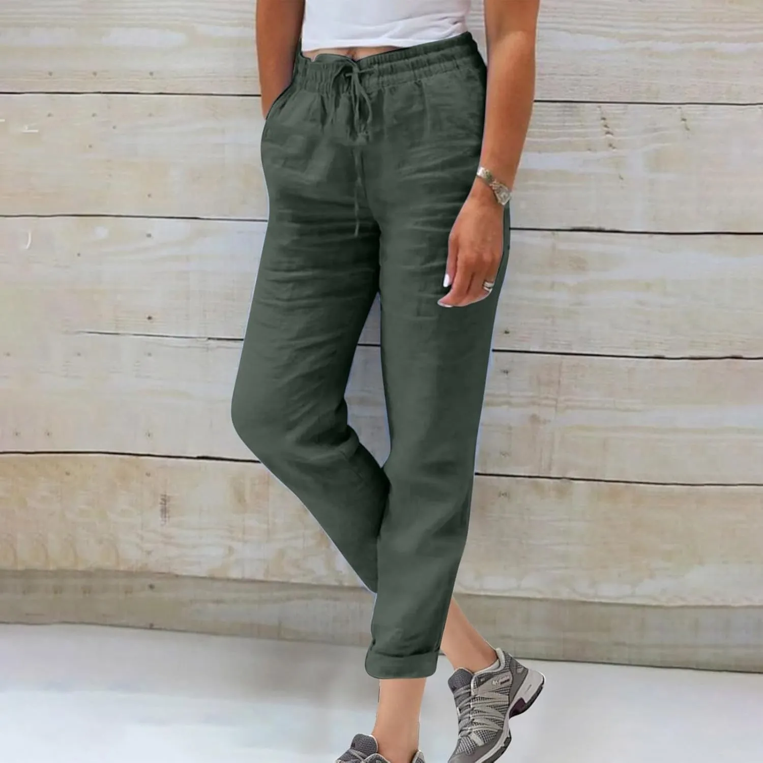 Womens Plus Size Linen Pants Summer Casual Boho Drawstring High Waisted Pants Loose Fit Lounge Trousers