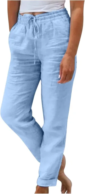 Womens Plus Size Linen Pants Summer Casual Boho Drawstring High Waisted Pants Loose Fit Lounge Trousers