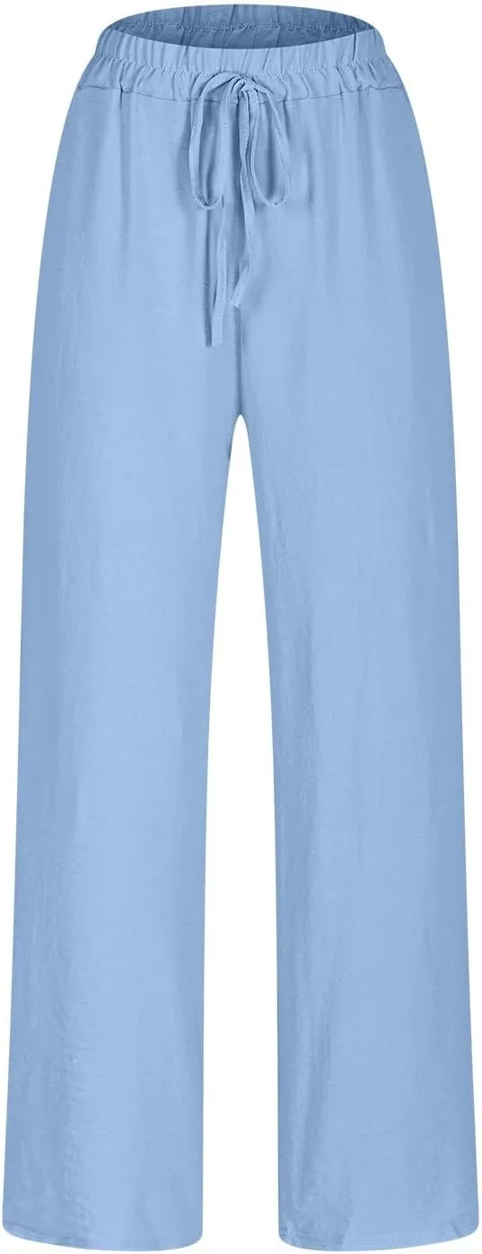 Womens Plus Size Linen Pants Summer Casual Boho Drawstring High Waisted Pants Loose Fit Lounge Trousers