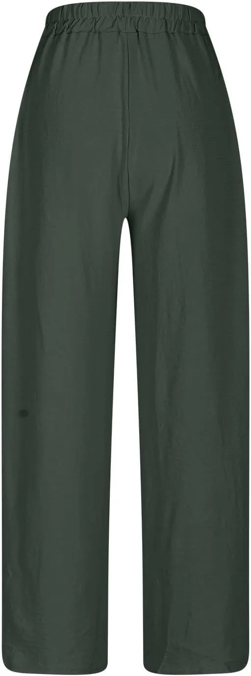 Womens Plus Size Linen Pants Summer Casual Boho Drawstring High Waisted Pants Loose Fit Lounge Trousers