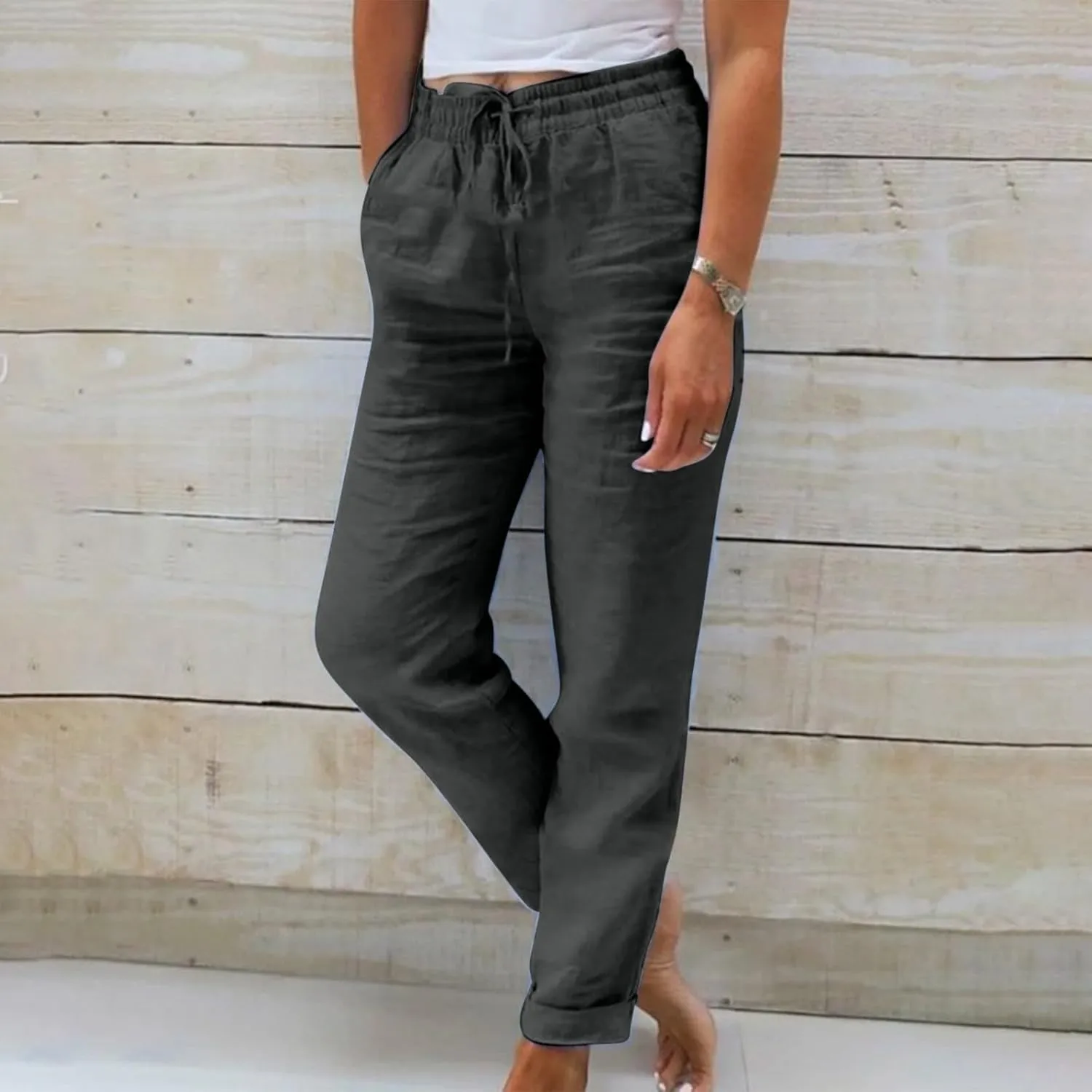 Womens Plus Size Linen Pants Summer Casual Boho Drawstring High Waisted Pants Loose Fit Lounge Trousers