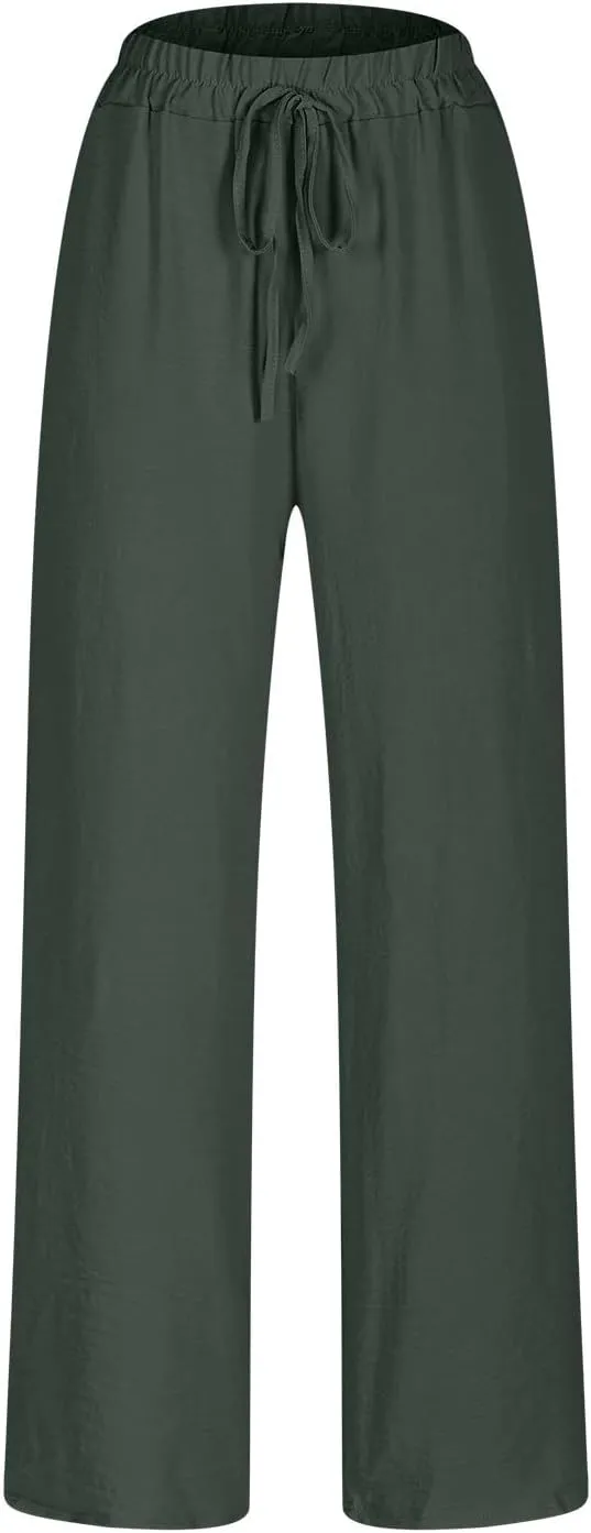 Womens Plus Size Linen Pants Summer Casual Boho Drawstring High Waisted Pants Loose Fit Lounge Trousers