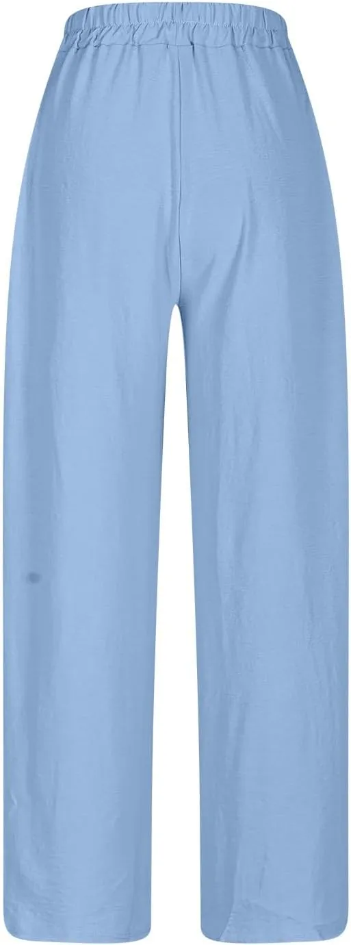 Womens Plus Size Linen Pants Summer Casual Boho Drawstring High Waisted Pants Loose Fit Lounge Trousers
